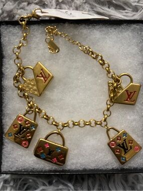 LV Gold-tone Charm Bracelet with Multicolor Handbag Charms